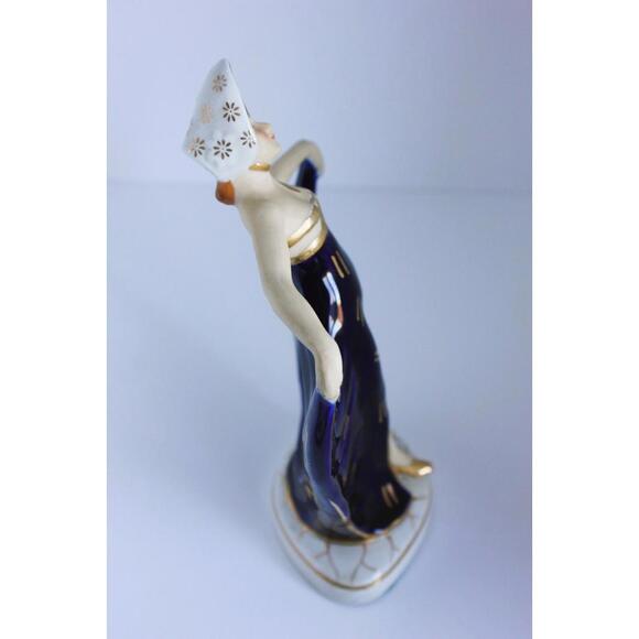 Art Deco Moriyama Dancing Lady Figure Bonnet Cobalt Blue Porcelain Hinode Japan - Picture 12 of 15